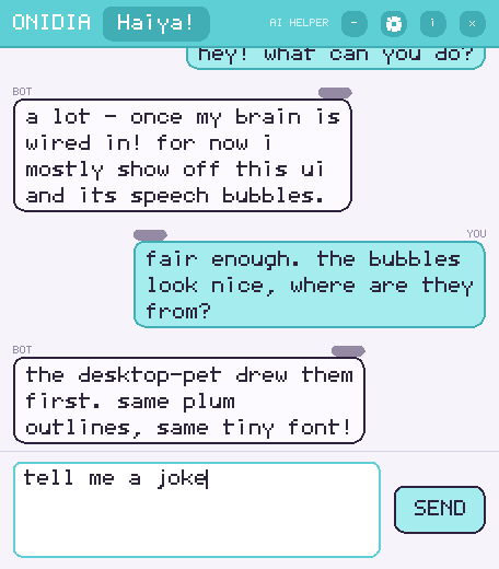 A conversation in the Onidia chat window, with messages from you and from Onidia.