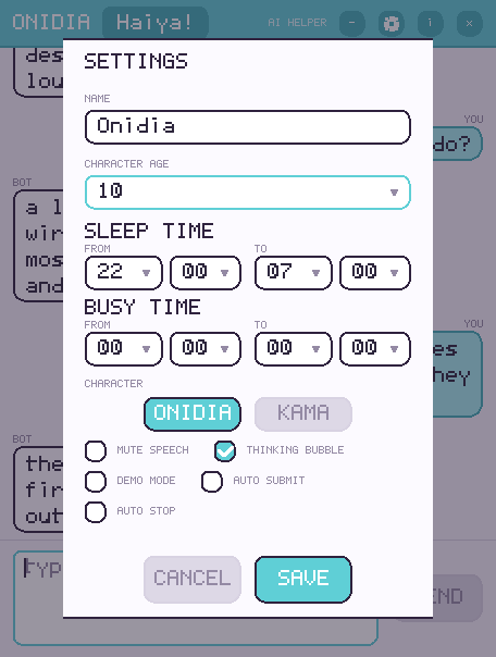 The Onidia settings dialog, showing name, character age, sleep time, busy time and the checkboxes.